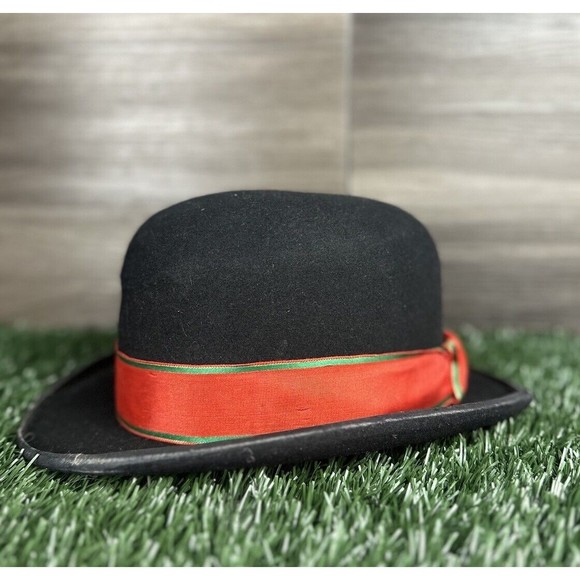 Vintage Budd  Black Wool Derby Hat with Red Ribbon‎ Attached Hatband, 6 7/8 - Picture 1 of 7
